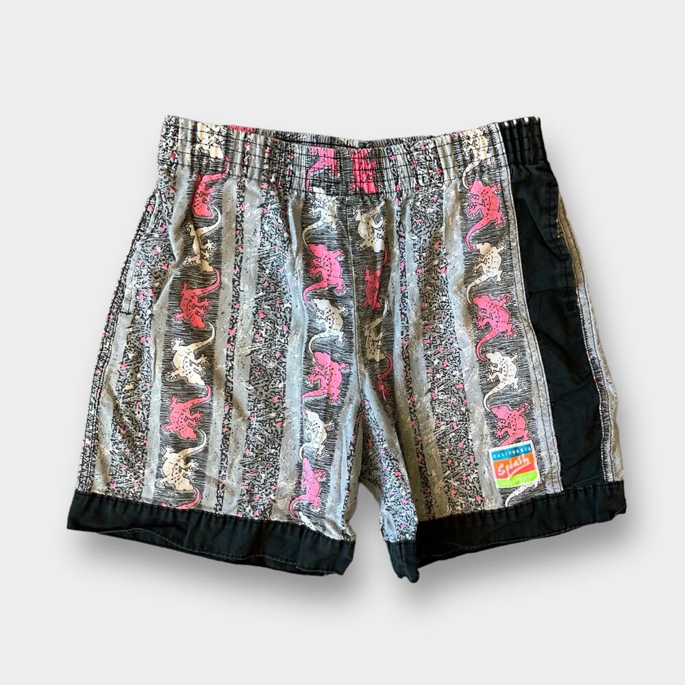 Vintage California Splash Gray Black Pink Gecko Beach Shorts 10-12 USA